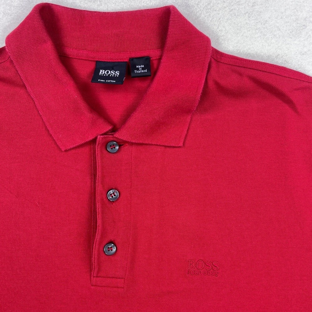 Hugo Boss Mens Red Pima Cotton Short Sleeve Polo Shirt Size L Logo Collared
